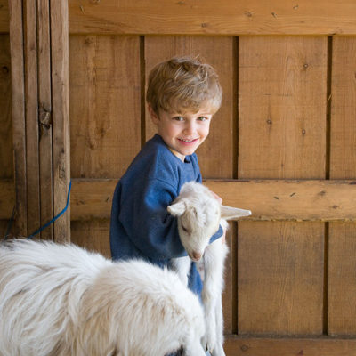 Dog with Smiling boy holding a Kid Goat Photo by Steve Scardina.