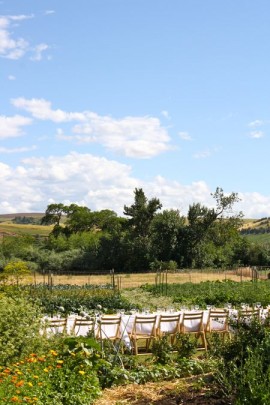 photo of table set for dinner in Nourish Gardens—2011 Outstanding in the Field Dinner—photo by The Farm Chicks