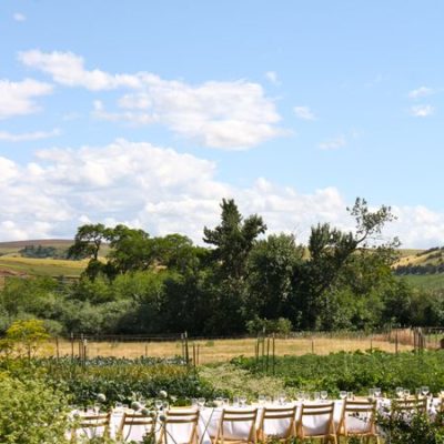 photo of table set for dinner in Nourish Gardens—2011 Outstanding in the Field Dinner—photo by The Farm Chicks